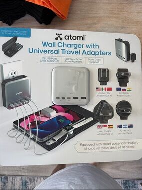 Gray 5-Port Wall Charger with Universal Travel Adapters